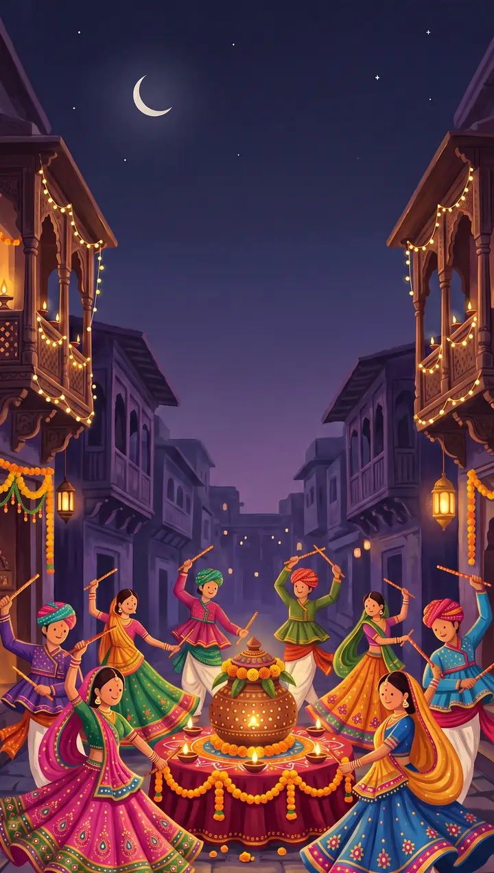 Illustration of a Navratri garba night in an old pol: dancers in chaniya cholis and kediyu circle a garbo glowing through its holes, under lanterns and marigold garlands